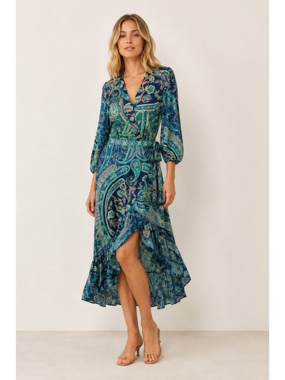 Farm Rio for Anthropologie Amorina Blue Paisley 3/4 Sleeve Maxi Wrap Dress Sze S